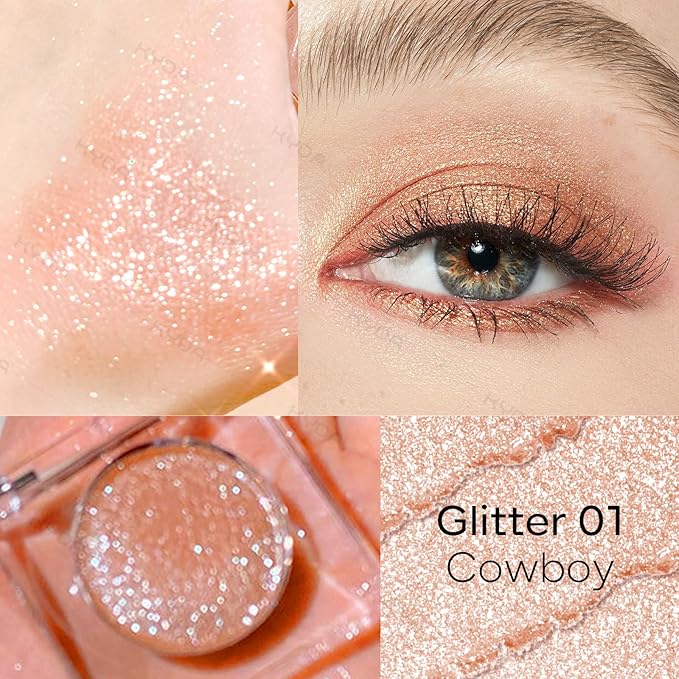 KYDA Single Glitter Eyeshadow, Champagne with Orange Brown Base, Lasting Blendable Shimmer Eyes Shadow, Sparkling Eyes Glitter, Soft Buildable Glossy Color, Wet Look Effect, Cowboy