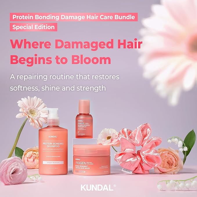 KUNDAL Protein Bonding Shampoo, Hair Mask, Serum Set, Damage Repair Care, Protein Bonding System, Heat Protection, Shine Boost, Violet Muguet, 300ml+200ml+50ml