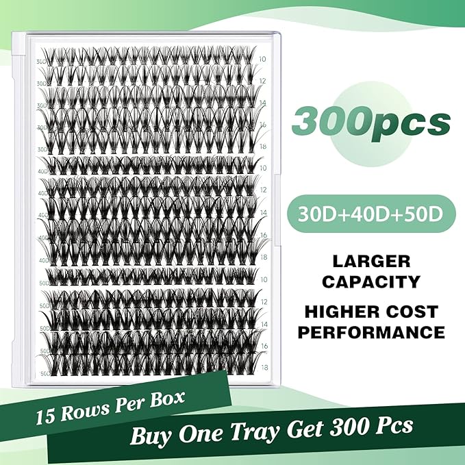 KEYYOU Lash Clusters 300pcs Individual Lashes, 30D40D50D 0.07C Curl 10-18MIX DIY Eyelash Extension, Soft & Natural Volume Cluster Lashes with Large Tray