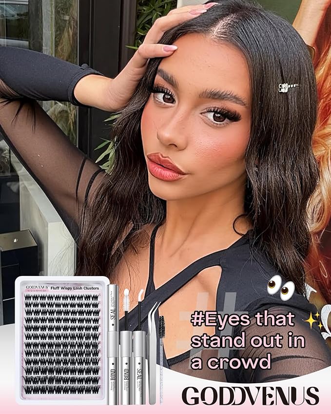 Goddvenus D Curl Fluffy Lash Clusters Kit – 144 PCS Thick Eyelashes Clusters, 10-18mm Wispy Lash Extension Natural Look, Waterproof Cluster Eyelash Extensions Kit for DIY False Eyelashes at Home