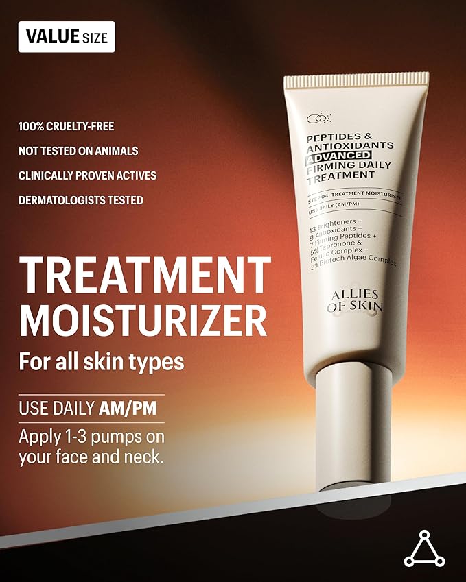 Allies of Skin Peptides & Antioxidants Advanced Firming Daily Treatment with 13 Brighteners, 9 Antioxidants, 7 Firming Peptides, 5% Teprenone & Ferulic Complex and 3% Biotech Algae Complex 75ml/2.5oz