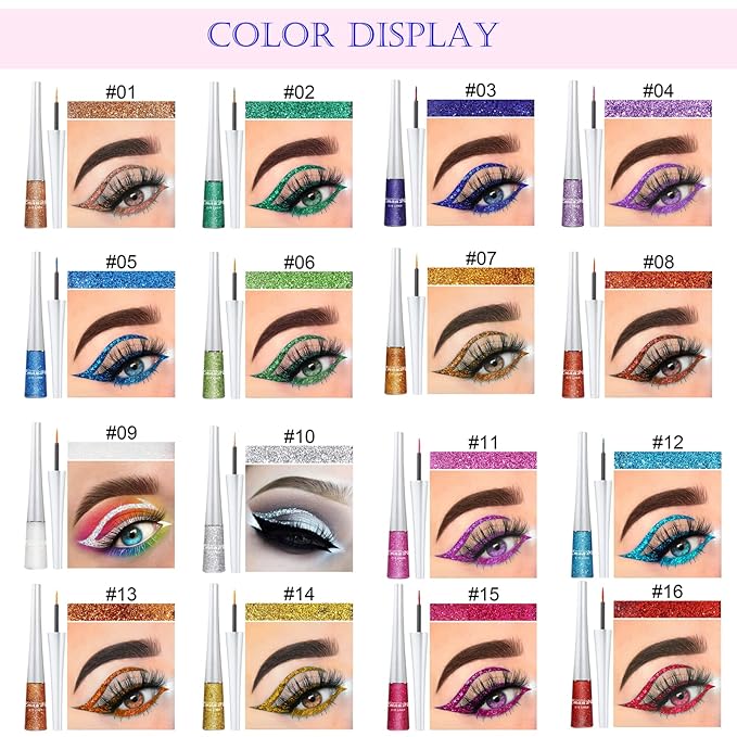 16 Colors Liquid Glitter Eyeliner Set, Metallic Shimmer Glitter Eyeshadow, Colorful Rainbow Eyeliner Long Lasting Waterproof Face Lips Art for Party Festival Makeup