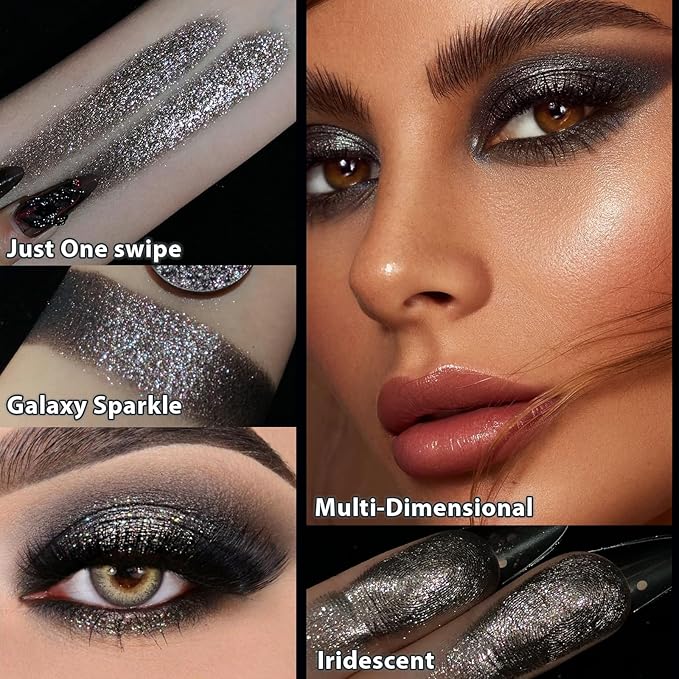 Afflano Multichrome Black Glitter Eyeshadow, Single Shimmery Black Eye Shadow Iridescent Sparkly, Smokey Goth Metallic Eye Makeup Pigmented, Waterproof Vegan Formula Monochrome Eyeshadow for Party