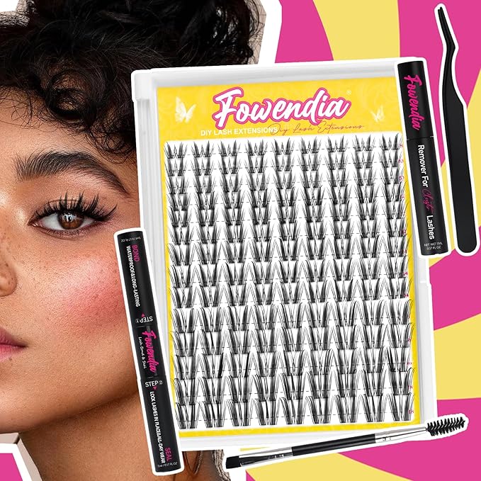 Fowendia Lash Clusters Freya Manga Lashes Clusters DIY Lash Extension Kit 8-18mm D Curly Eyelash Clusters with Bond, Seal, and Remover - Invisible Band 0.3mm Wispy Cluster Lashes Spikes Eyelashes Kit