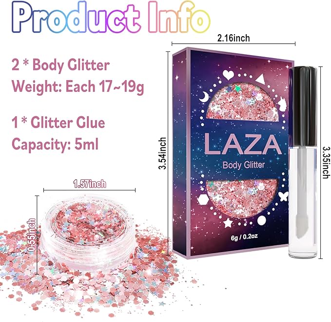 Laza Body Glitter,2 Jars Pink Holographic Chunky Sequins with Glitter Glue Perfect for Women Eyeshadow Makeup Face Paint Festival Rave Outfit Hair Accessories Carnival Party Costumes - Sakura Stardust