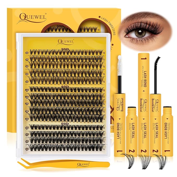 QUEWEL DIY-Lash-Extension-Kit, 280pcs 30+40+50D-Lashes-Clusters Mixed 12-18mm Soft Eyelash-Clusters-Kit with Lash Bond and Seal Waterproof, and Eyelash Clusters Tweezers Easy DIY at Home(30+40+50 KIT)