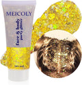 MEICOLY Gold Body Glitter,Yellow Face Glitter,Music Festival Singer Concert Outfits for Women,Holographic Hair Glitter Kids Makeup,Self-Adhesive Sparkle Face Body Glitter,Mardi Gras Accessories