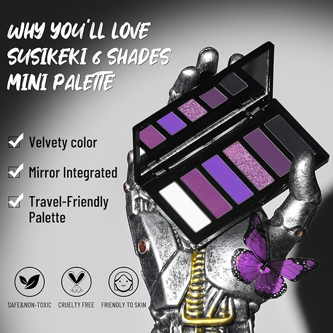 SUSIKEKI Purple Eyeshadow Palette with Mirror Lilac Violet Plum Tones Matte Shimmer Glitter 6 Colors Mini Eye Shadow Pallet Travel Size Highly Pigmented for Fairy Witch Goth Halloween Costume Makeup
