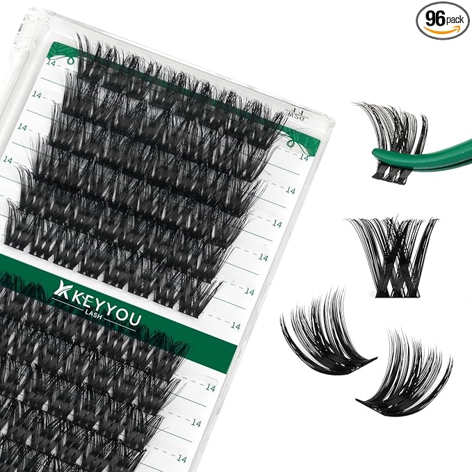 Lash Clusters,96 Pcs Cluster Lashes Y07 D Curl 14mm DIY Lash Extensions Eyelash Clusters,KEYYOU Volume Wispy Individual Lashes Soft&Comfortable Easy DIY at Home(Y07,D-14mm)