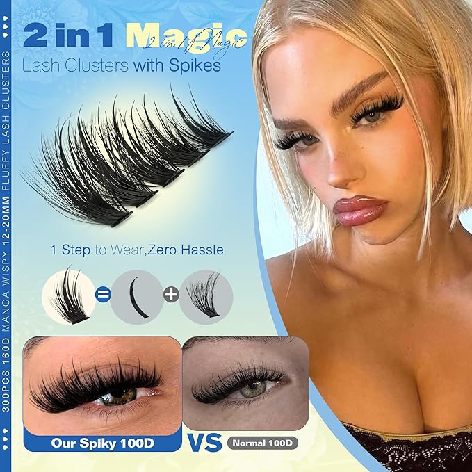 Manga Lash Clusters Volume Eyelash Clusters with Spikes 300Pcs Fluffy Cluster Eyelash Extensions 12-20MM Wispy Individual Lashes Clusters Easy to Apply DIY Lash Extensions at Home by JIMIRE