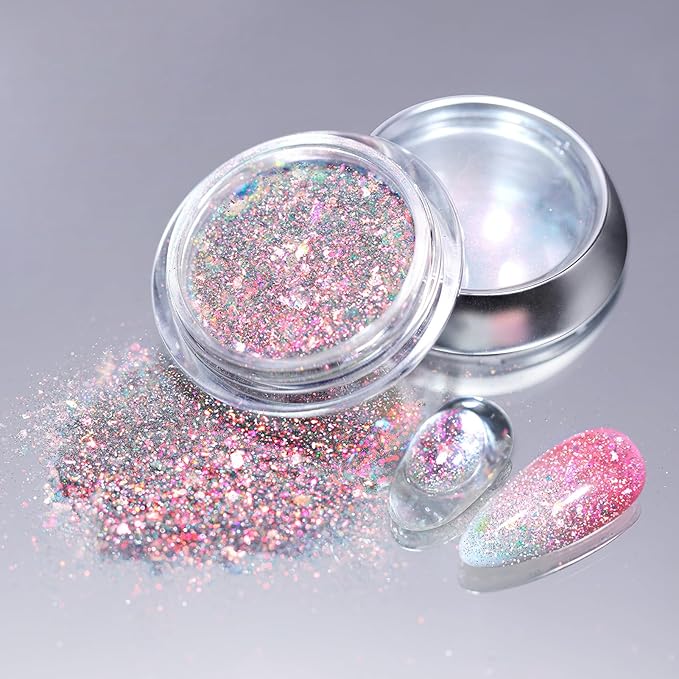 Born Pretty Auroras Reflective Glitter Nail Powder Chameleon Polarized Sparkling Shiny Nail Glitter Holographic Flakes Dust Shiny Powder Pigment Nail Supplies for Nail Art Manicure DIY Design