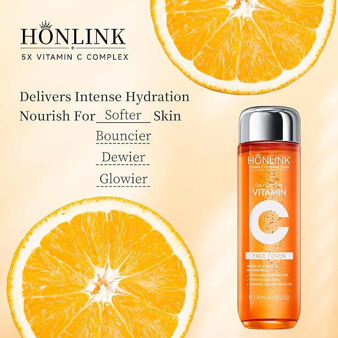 Vitamin C Face Toner 130ml, HONLINK 5X Vitamin C Complex with Niacinamide & Hyaluronic Acid, Hydrating & Balancing Toner for Daily Skincare, Valentine’s Day Gift for Her
