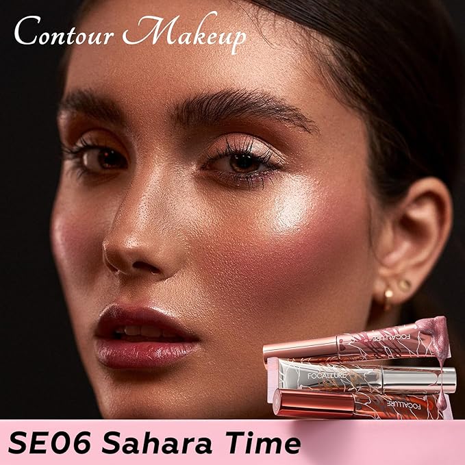 FOCALLURE 3 PCS Liquid Contour Stick,Moisturizing Highlighter,Blush and Bronzer,Silky Cream Contouring Pen with Soft Cushion Applicator,Long Lasting Face Illuminator Makeup,Sahara Time