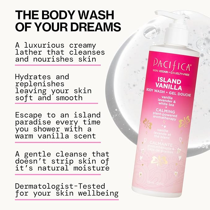Pacifica Island Vanilla Body Wash Aloe + Hyaluronic Acid, Daily Cleansing, Bath & Shower Gel, Essential Oils, Clean, Vegan + Cruelty & Paraben Free, Clean Beauty Vegan Dermatologist Tested, 12 Fl Oz