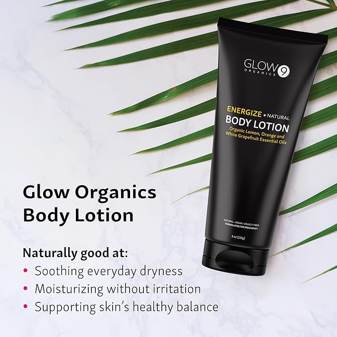 Glow Organics Energize Body Lotion for Dry Skin, 8 oz, Lightweight, Organic, Plant Based, Fast Absorbing Natural Moisturizer with Orange, For Men and Women, Lemon & Grapefruit Oils