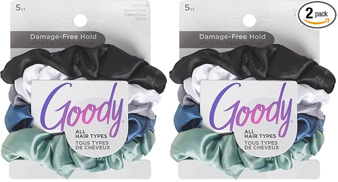 Goody Ouchless Satin Scrunchies - 5 Ct, Cool Tones, Damage-Free Hold, Soft Overnight Scrunchies to Sleep In, Gentle Hair Accessories for Women & Men, All Day Comfort, All Hair Types (Pack of 2)