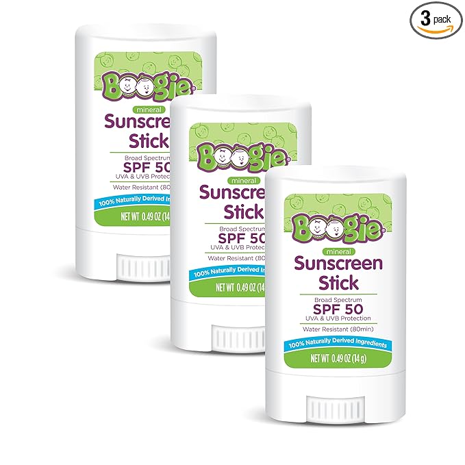 Boogie Mineral Sunscreen Stick SPF 50 - (3 Pack) 0.49 oz - Sunscreen for Kids - Broad Spectrum UVA & UVB Protection - Water Resistant - Hypoallergenic - 100% Naturally Derived Ingredients