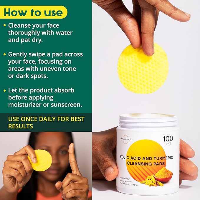 Kojic Acid and Turmeric Cleansing Pads - 100 Pads | Enriched with Ginger Root Oil & Amino Acids | for Face & Body - 100pcs