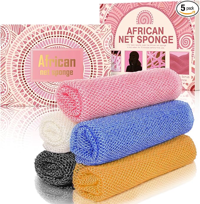 5 Pieces African Net Sponge – Deep Cleansing & Exfoliating Mesh for Glowing Skin – Stretchable, Quick-Dry Material for Daily Shower Use (Black, Blue, Pink, White, Orange)