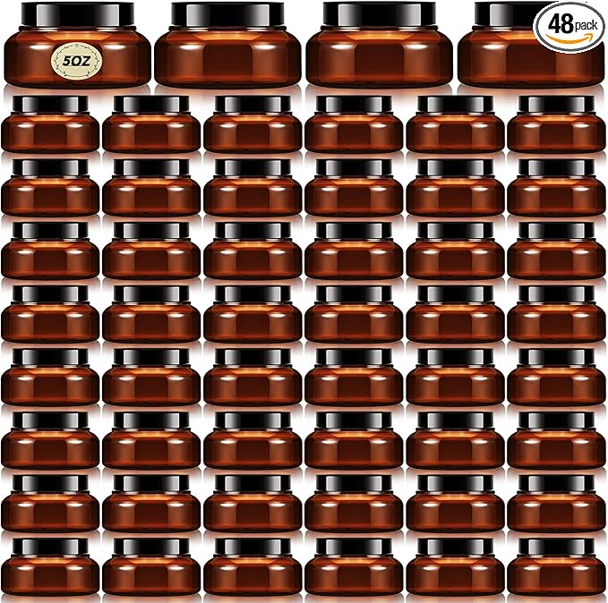 Tessco for you 48 Pack Plastic Jars with Lids Labels Multiuse Slime Containers Empty Body Scrub Jars Round Refillable Cosmetic Body Butter Container for Makeup (5 oz,Brown)