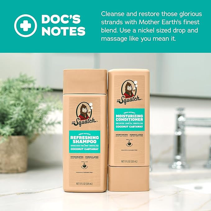 Dr. Squatch Men's Natural Shampoo and Conditioner Set – Sulfate & Paraben Free Natural Shampoo and Conditioner for Men – Scalp Nourishing Formula – Coconut Castaway (11 fl oz, 2-Pack)