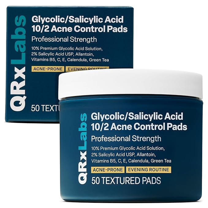 QRxLabs Salicylic & Glycolic Acid Acne Clearing Pads - 2% Salicylic & 10% Glycolic Acid - Exfoliating Pads for Acne, Bacne, Butt Acne, Body Acne - Daily Pads - 50ct