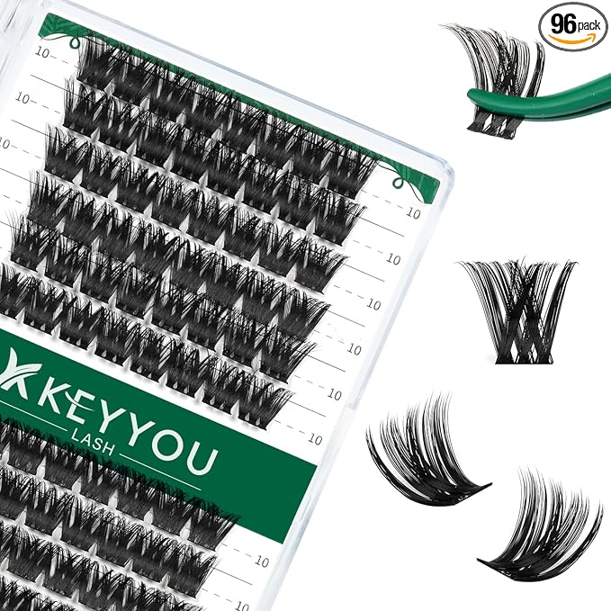 Lash Clusters,96 Pcs Cluster Lashes D Curl 10mm DIY Lash Extensions Eyelash Clusters,KEYYOU Volume Wispy Individual Lashes Soft&Comfortable Easy DIY at Home(Y07,D-10mm)