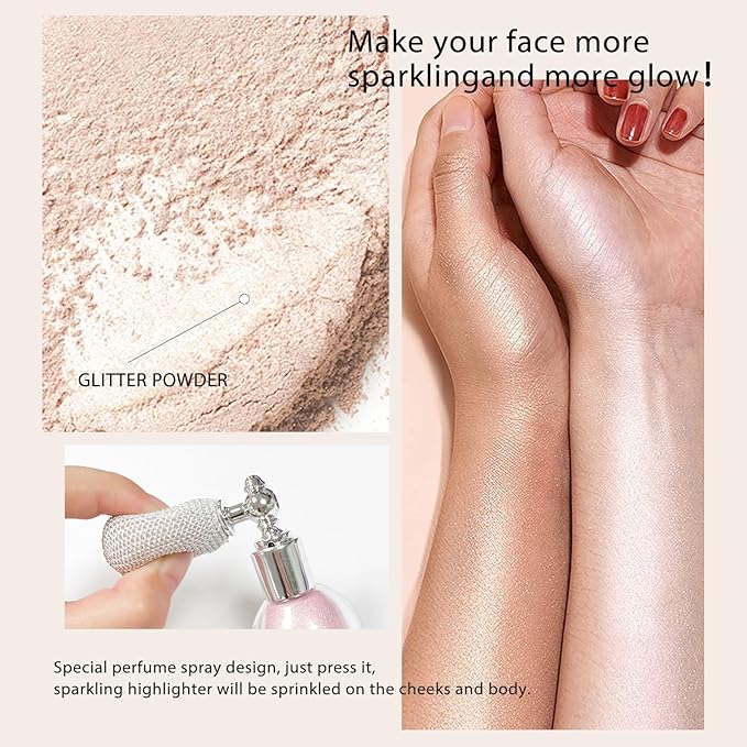 KYDA Glitter Powder Spray, Loose Shimmer Powder, Highlighter Spray Makeup for Face Body Hair, Lasting Glitter Hairspray, Cosmetic Sparkling Body Makeup, Metallic Silver