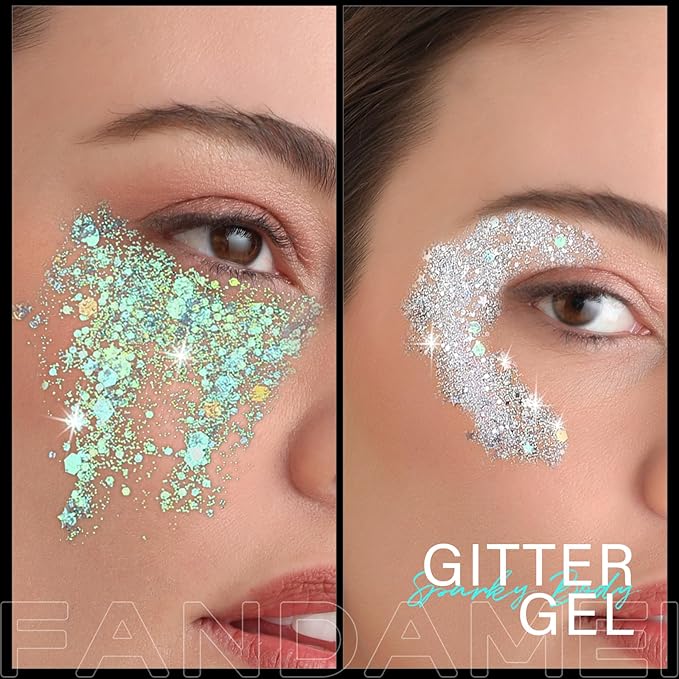 FANDAMEI Face Glitter, Body Glitter for Women, 2PCS 8 Colors Glitter Gel for Face, Hair Glitter for Kids, Fairy Rave Mermaid Makeup