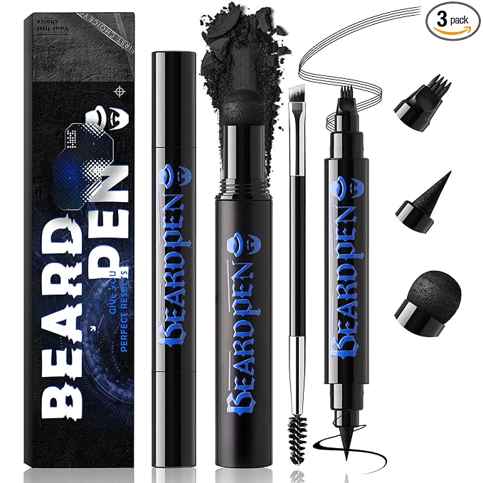 Noerrors Beard Pencil Kit Beard Filler Pen Dual End 4 Tips Beard Pen and Brush Set Hairline Moustache Eyebrows Beard Filling Shaping Styling Makeup Tools Waterproof Longlasting For Men #Black