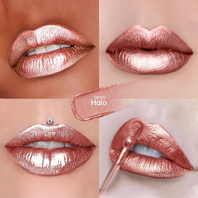 Depuplum Nude Lipsticks for Women Metallic Lipstick Long Lasting Shimmer Lip Gloss Metal Shine Glitter Waterproof Lipsticks Full Coverage Lip Color for Mother's Day,DP101 Halo