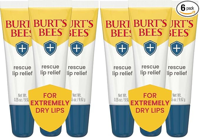 Burt's Bees Rescue Lip Relief for Valentine's Day, Original, Hydrating Lip Balm for dry lips with Responsbily Sourced Beeswax & Shea Butter, 100% Natural Origin, 3 Squeezy Tubes, 0.35oz, (Pack of 2)