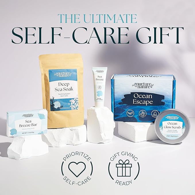 Nurture by Nature Bath Gift Set for Women - Birthday Gifts for Women, 4 Piece Spa Gift with Body Scrub, Bath Salts, Soap, Hand Cream, Self Care Gift for Mother’s Day, Gifts for Her, Gift for Mom