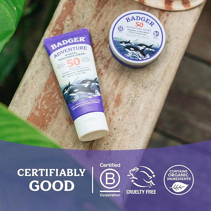 Badger Reef Safe Mineral Sunscreen, SPF 50, 98% Organic with Zinc Oxide, Non Toxic, Water Resistant, Unscented & Hypoallergenic, Broad - Spectrum, For Adventure & Sport, 2.9 fl oz (2 Pack)