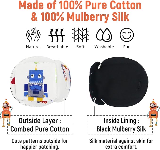 Astropic 3D Cotton & Silk Eye Patch for Kids | Boys Eye Patch for Glasses | Medical Eyepatch for Children with Lazy Eye (Blue Robot, Left Eye)