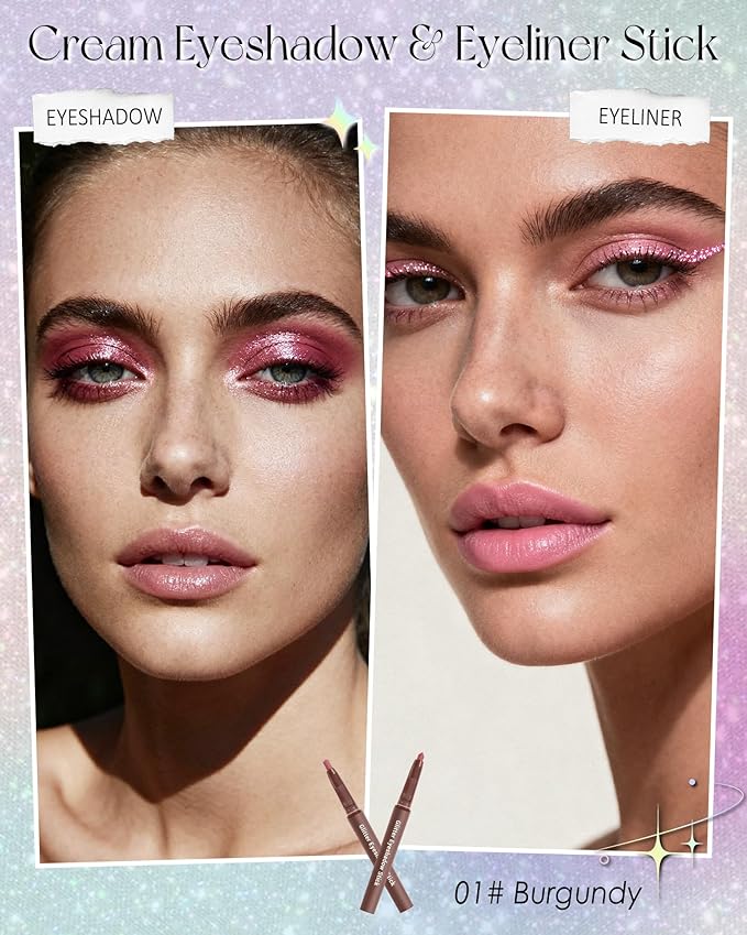 Glitter Eyeshadow & Eyeliner Stick 2 in 1 , Metallic Shimmer Eyeshadow Stick, Twist-Up Built in a Sharpener Burgundy Eyeliner Pen, Waterproof Creamy Eye liner Makeup for Women Christmas-01 Burgundy