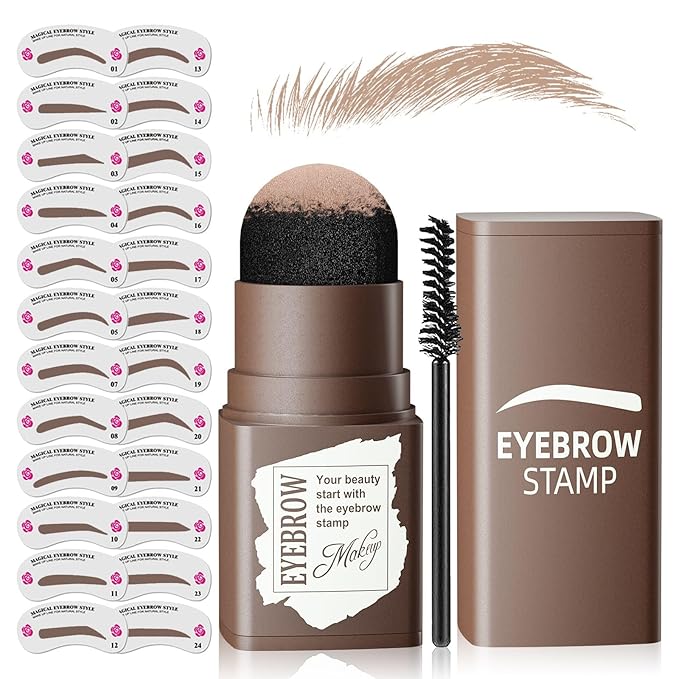 Eyebrow Stamp Stencil Kit - Eyebrow Powder with Brush Long-Lasting & Waterproof Brow Shaping Kit with 24 Reusable Thin & Thick Eyebrow Stencils for Natural Eyebrow Color, Gifts for Mom (Light Brown)