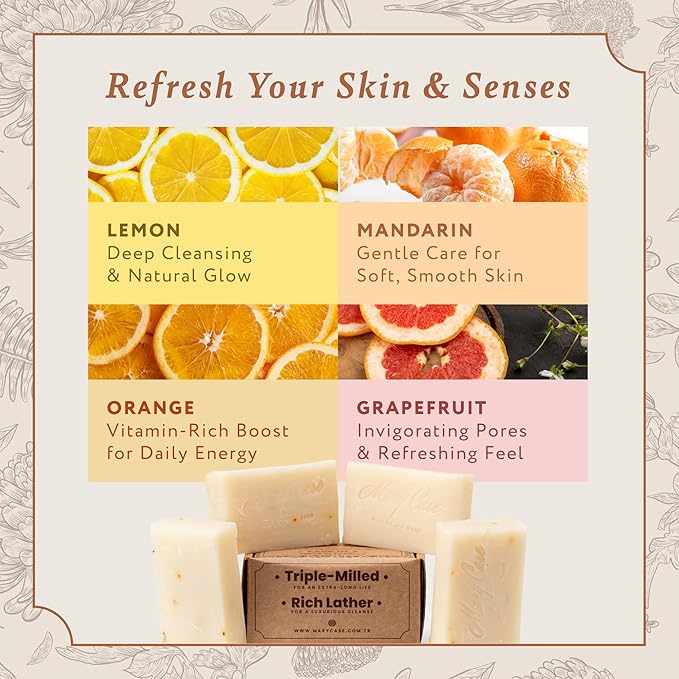 Mary Case Citrus Variety Bar Soap Set of 4 | Orange, Mandarin, Grapefruit & Lemon Natural Soaps | Vegan Bath Soap for Men & Women | Energizing, Brightening & Revitalizing Skin