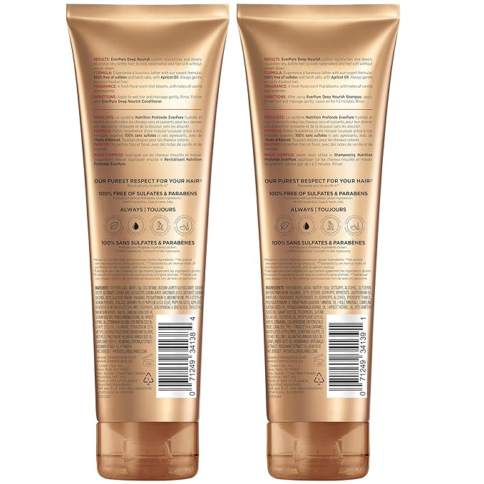 L'Oreal Paris Sulfate Free Shampoo and Conditioner for Dry Hair,Triple Action Hydration for Dry,Brittle or Color Treated Hair,Apricot Oil Infused-Hair Care,EverPure,8.5 Fl Oz,Set of 2,(Pack of 3)