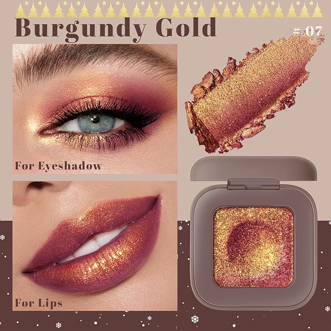 Noerrors Duochrome Burgundy Gold Glitter Eyeshadow Palette, Holographic Chameleon Rich Color Shimmer Eye Shadow, Color Shift Sparkle Inner Corner Eye Highlighter Palette Makeup for Rave Halloween#07
