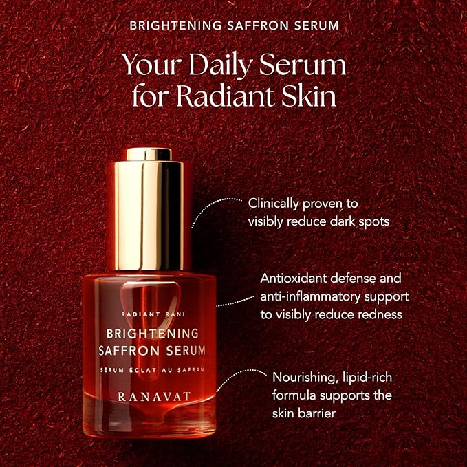 RANAVAT BOTANICS Brightening Saffron Serum - Discoloration Correcting Face Serum, Dark Spot Corrector, Vitamin C Alternative & Hyperpigmentation Treatment - Leaves Skin with a Healthy Glow (1 oz)