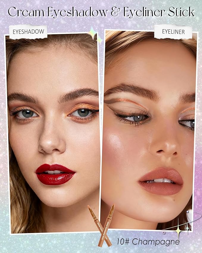 Glitter Eyeshadow & Eyeliner Stick 2 in 1, Metallic Shimmer Eyeshadow Stick, Twist-Up Built in a Sharpener Champagne Eyeliner Pen, Waterproof Creamy Eye liner Makeup for Women Christmas-10 Champagne