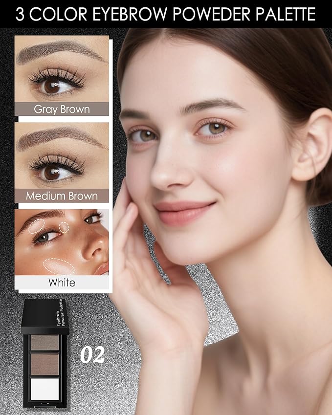 3 Color Eyebrow Powder Palette Kit, Gray Medium Brown & White Eye Brow Powder for Women, Long-Lasting Waterproof Tinted Brow Filler, With Mirror & Eyebrows Brush Makeup Set, Defined Natural Brows-B02