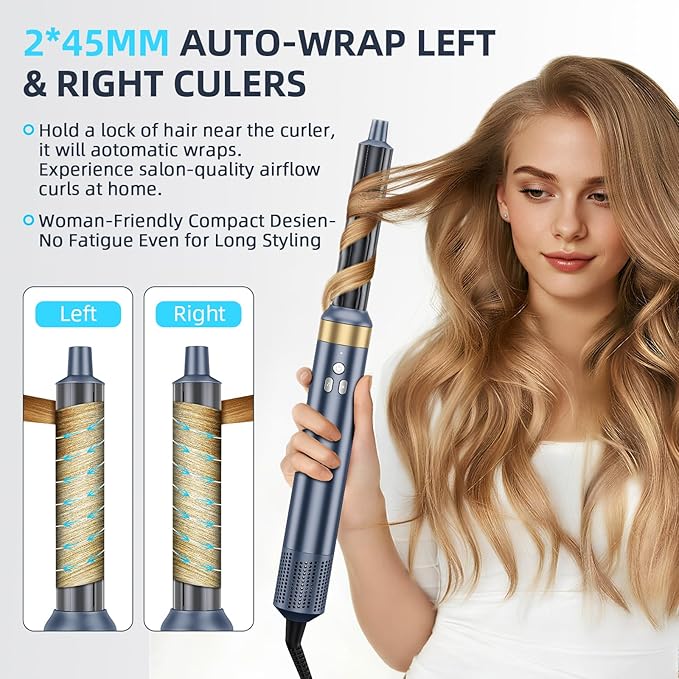 6-in-1 Hot Air Styler & Blow Dryer Brush, Ionic Hair Dryer Volumizer, Multi-Function with Interchangeable Attachments for Curling, Straightening & Fast Drying, Ideal Gift for Women(Gemstone Blue)