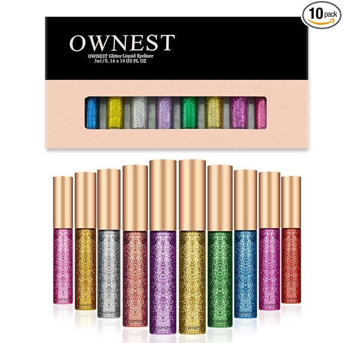 Ownest 10 Colors Liquid Glitter Eyeliner Set, Metallic Shimmer Glitter Eyeshadow, Long Lasting Waterproof Shimmer Sparkling Liquid Eyeliner Eye Shadow-10pcs, Mothers Day Gift