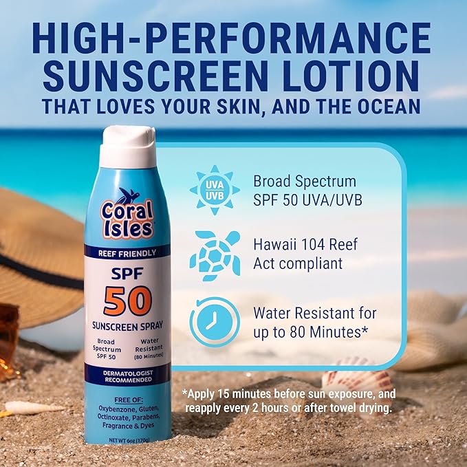 Coral Isles SPF 50 Sunscreen Spray - Hawaii Reef Safe Compliant - Oxybenzone & Octinoxate Free - Broad Spectrum - Water Resistant, 6 Fl Oz (Pack of 2)