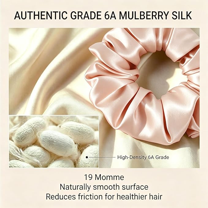 ZLYC 100% Mulberry Silk Scrunchie 19 Momme Gentle Creaseless Hair Tie for Women Dent-Free Ponytail Holder, 3.5cm Solid Blush Pink