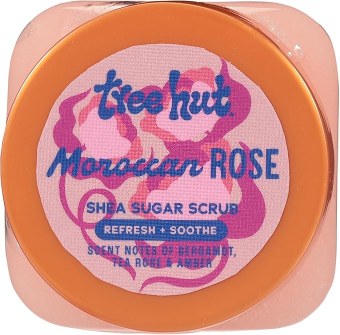 Tree Hut Mini Moroccan Rose Shea Sugar Scrub, Exfoliating & Hydrating Body Scrub with Shea Butter & Essential Oils, Smooth Skin, For All Skin Types, Vegan, Travel Size, 3.4 oz