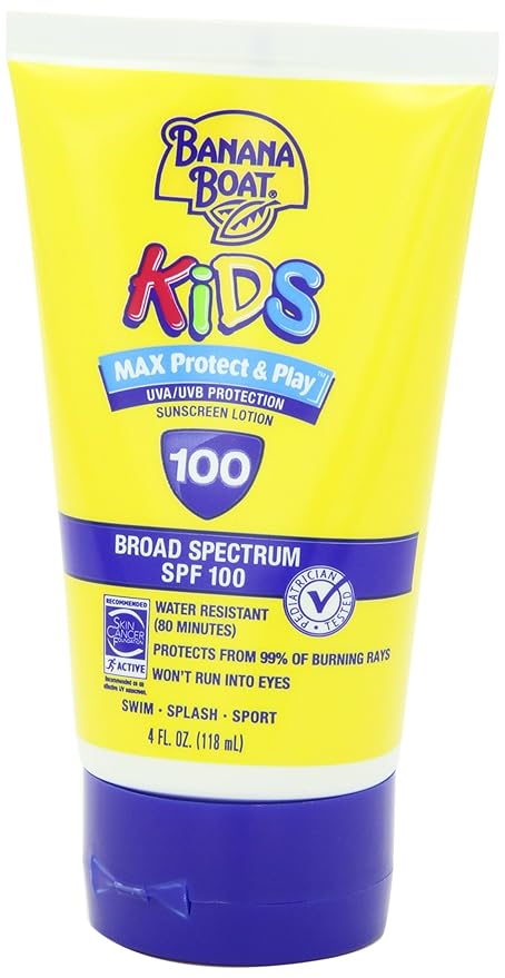 Banana Boat Kids Max Protect & Play Lotion Sunscreen SPF 100, 4oz | Childrens Sunscreen, Kids Sunblock Spray, High SPF, Water Resistant, 4oz