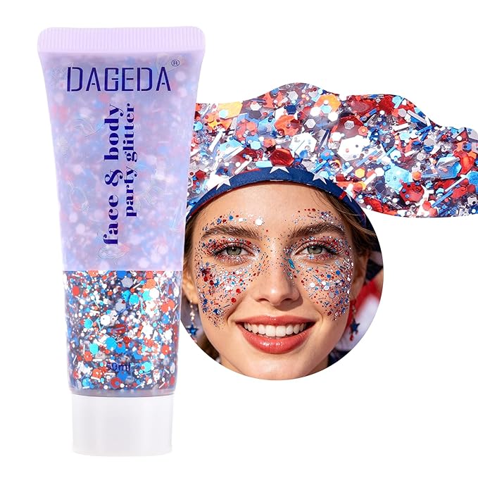 DAGEDA Red White Blue Body Face Glitter, 4th of July Outfits Accessories for Women, Patriotism Face Glitter Makeup, Fourth of July Patriotic Independence Day Hair Accessories Party Costumes（Strip）